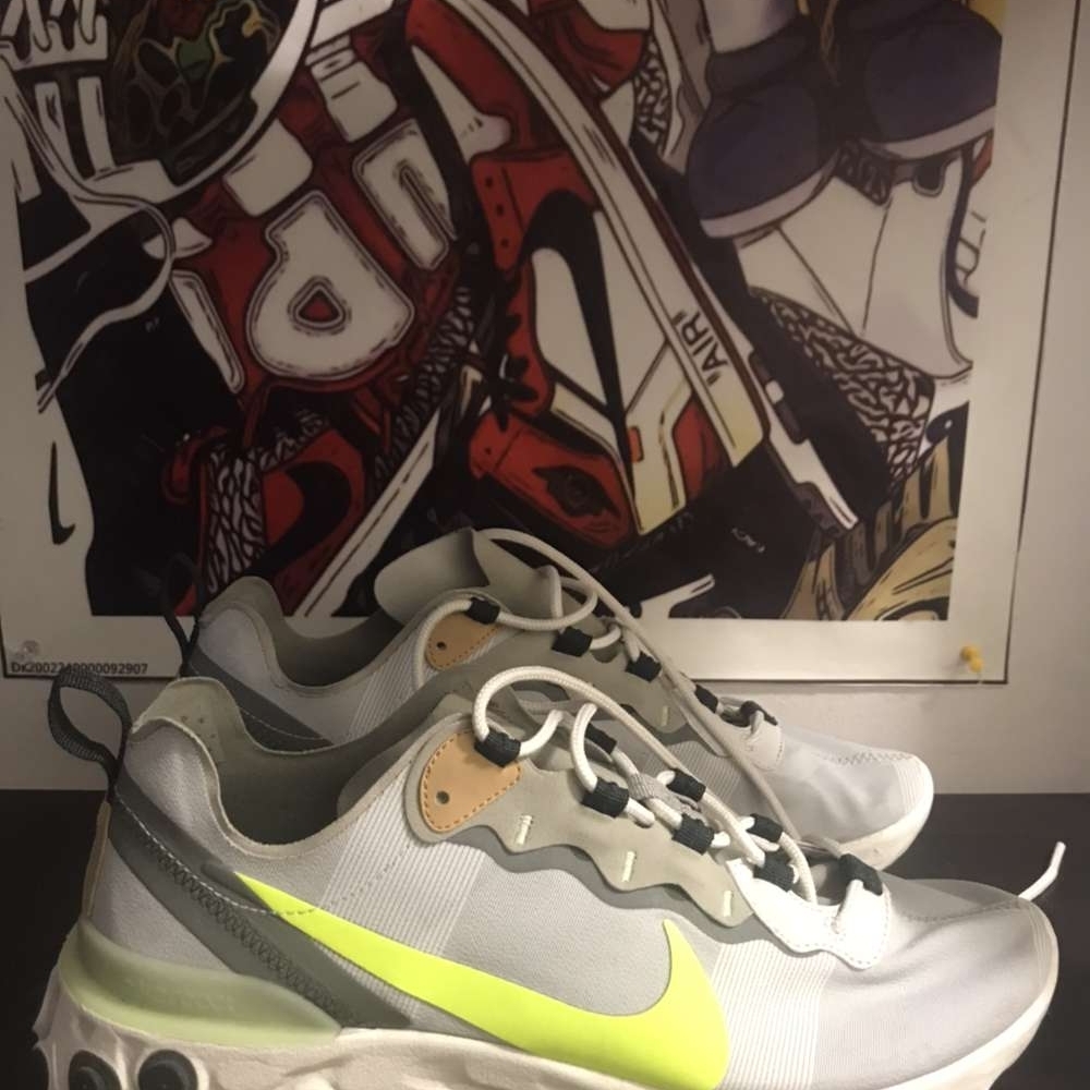 Nike React Elaement 55 White and Neon Green Sneakers
